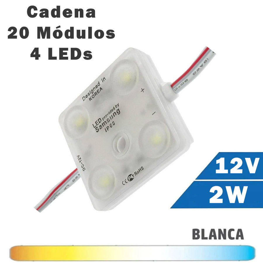 Cadena 20 Módulos LED 2W 4 Diodos 12V 160º Luz Blanca