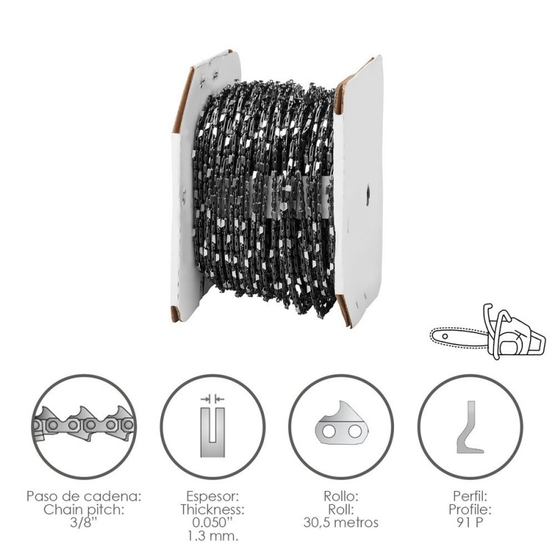 Cadena Motosierra 3/8" / 0.050" 1,3 mm Rollo 30,5 Metros