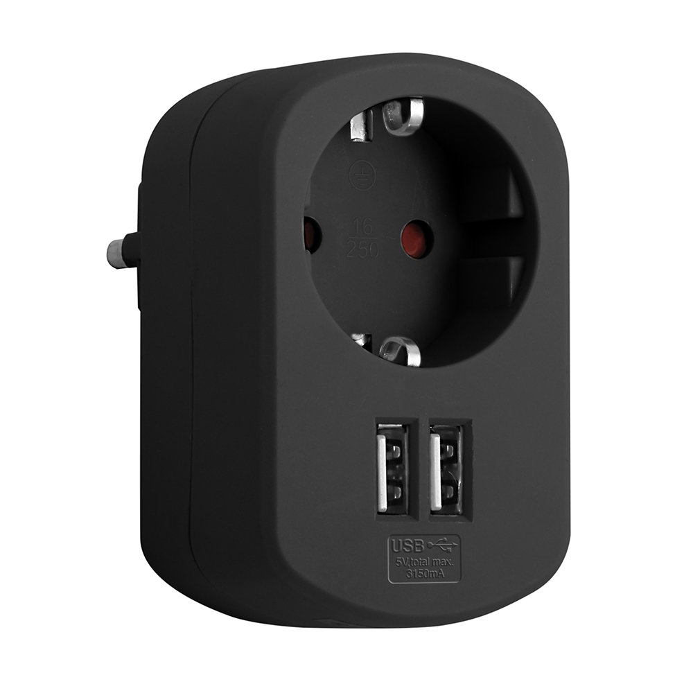 Adaptador Combi 1 Toma 16A Y 2 Puertos Usb 3,15A Negro