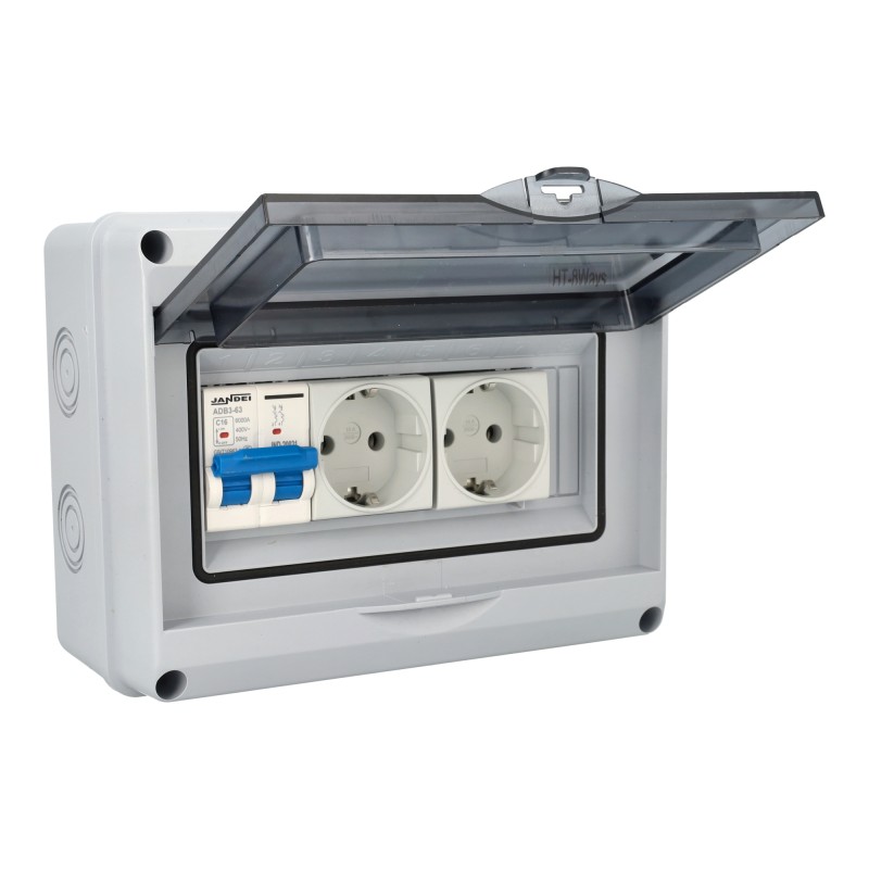 Cuadro eléctrico premontado con 1 magnetotérmico 16A y 2 tomas, IP65