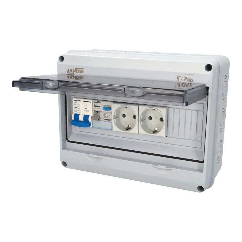 Cuadro eléctrico premontado con 1 magnetotérmico 25A, 1 diferencial 25A, 2 tomas, IP65