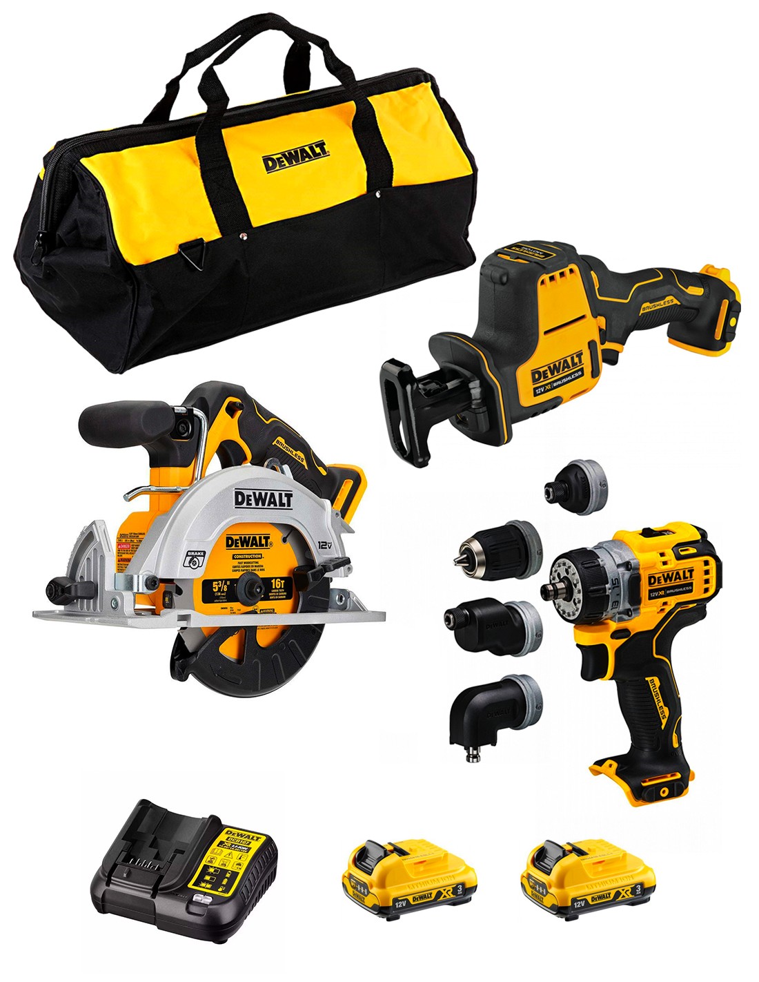 DeWALT Kit D12K302 (DCS512 + DCS312 + DCD703 + 2 x 3,0 Ah + DCB107 + Bolsa)