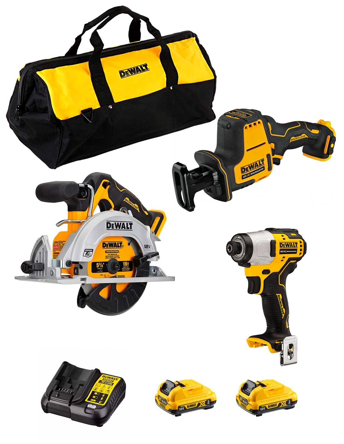 DeWALT Kit D12K303 (DCS512 + DCS312 + DCF801 + 2 x 3,0 Ah + DCB107 + Bolsa)