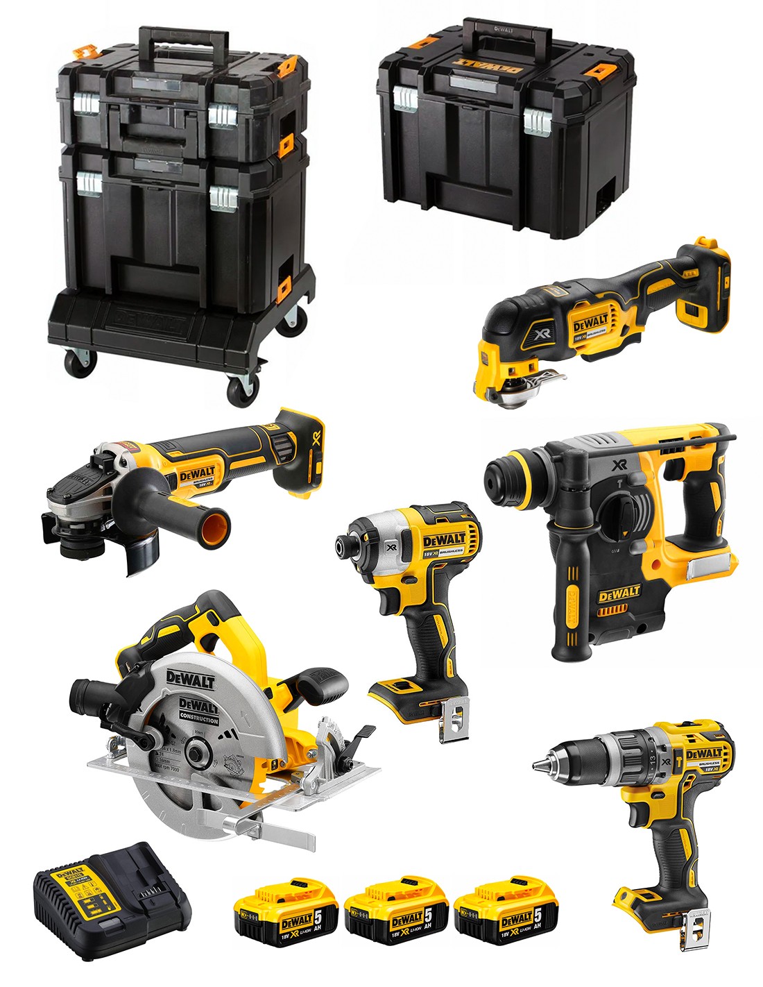 DeWALT Kit DCK685P3T (DCD796 + DCF887 + DCH273 + DCG405 +DCS570 + DCS355 + 3x5,0Ah + DCB115 +TSTAK II + 2xTSTAK VI + base TSTAK)