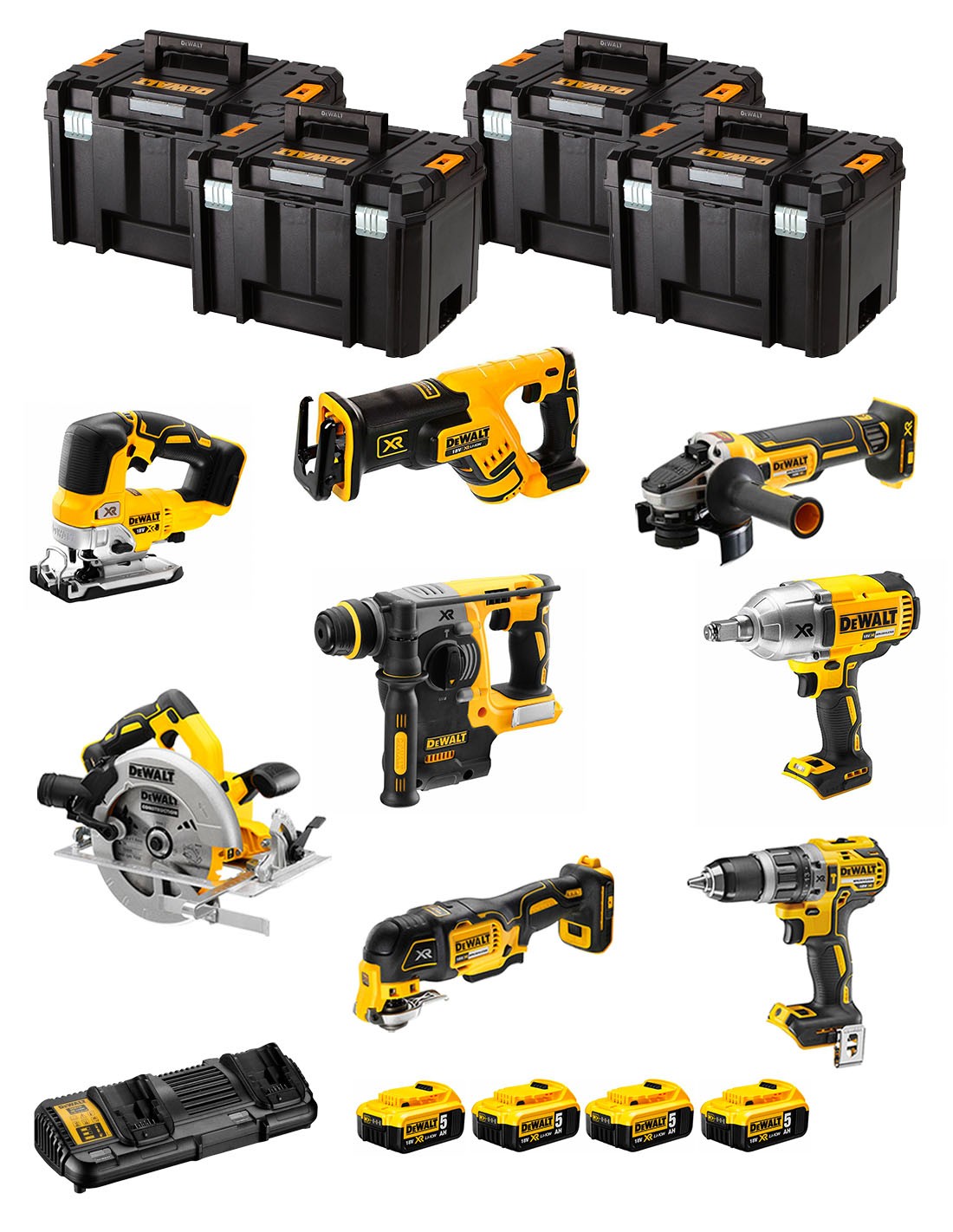 DeWALT Kit DCK865P4T (DCS367 + DCH273 + DCD796 + DCS334 + DCG405 + DCS355 + DCF899H + DCS570 + 4x 5,0Ah + DCB132 + 4x TSTAK VI)