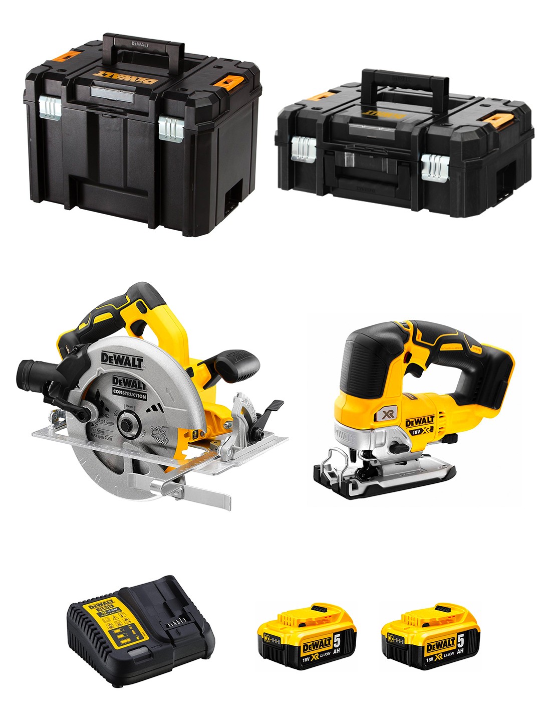 DeWALT Kit DCS570 + DCS334 (2 x 5,0 Ah + DCB115 + TSTAK II + TSTAK VI)
