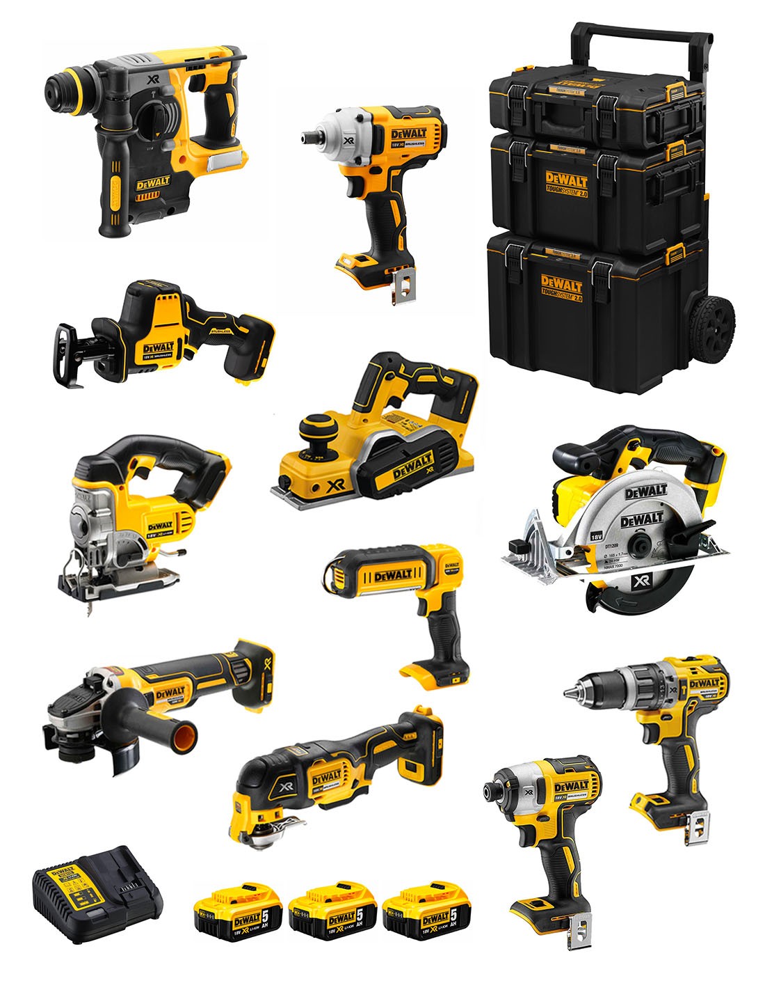 DeWALT Kit DWK1100 (DCD796+DCH273+DCG405+DCF887+DCF894+DCS331+DCS391+DCS355+DCP580+DCS369+DCL050+ 3x5,0Ah + DCB115 + Carro 3en1)