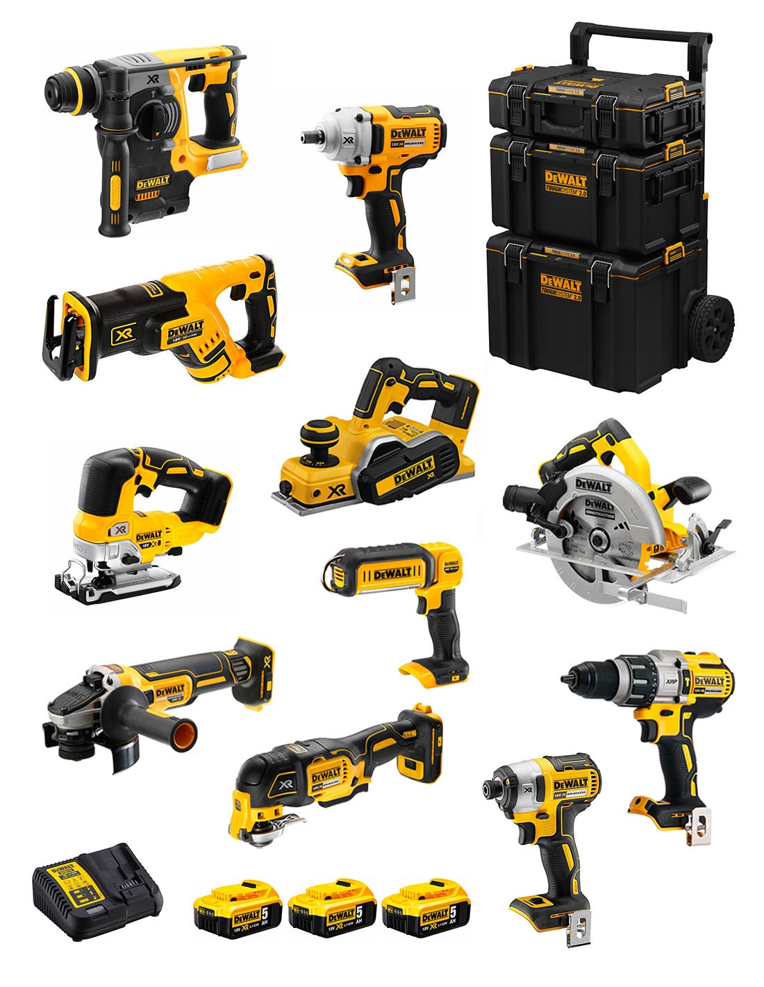 DeWALT Kit DWK1101 (DCD996+DCH273+DCG405+DCF887+DCF894+DCS334+DCS570+DCS355+DCP580+DCS367+DCL050+ 3x5,0Ah + DCB115 + Carro 3en1)