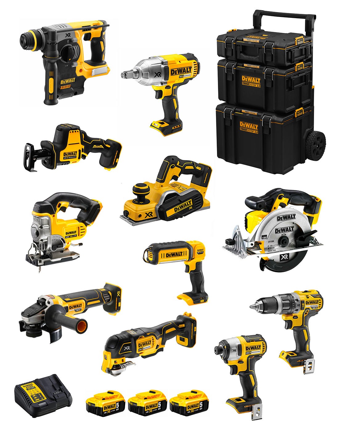 DeWALT Kit DWK1102 (DCD796+DCH273+DCG405+DCF887+DCF899H+DCS331+DCS391+DCS355+DCP580+DCS369+DCL050+ 3x5,0Ah +DCB115 + Carro 3en1)