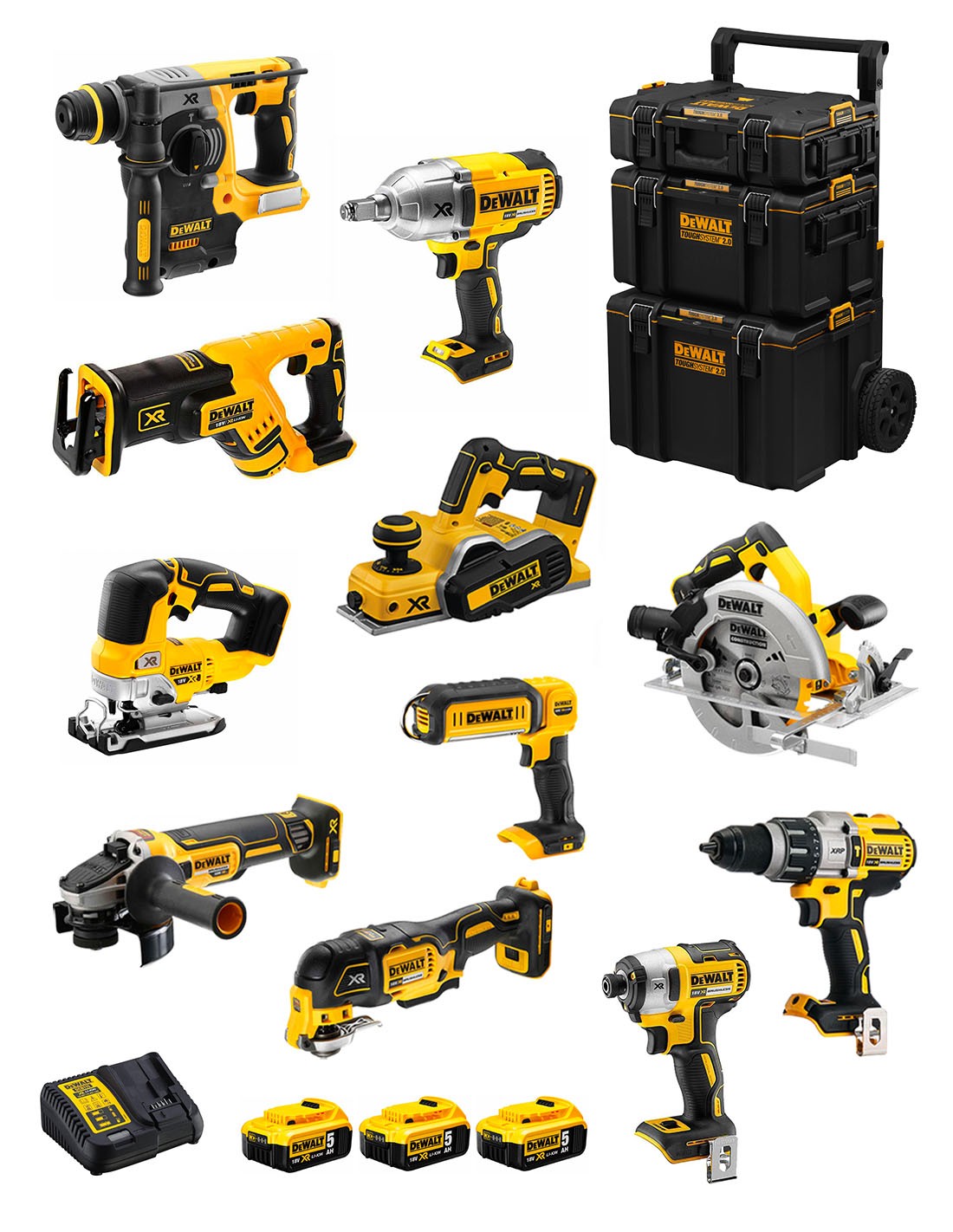DeWALT Kit DWK1103 (DCD996+DCH273+DCG405+DCF887+DCF899H+DCS334+DCS570+DCS355+DCP580+DCS367+DCL050+ 3x5,0Ah +DCB115 + Carro 3en1)