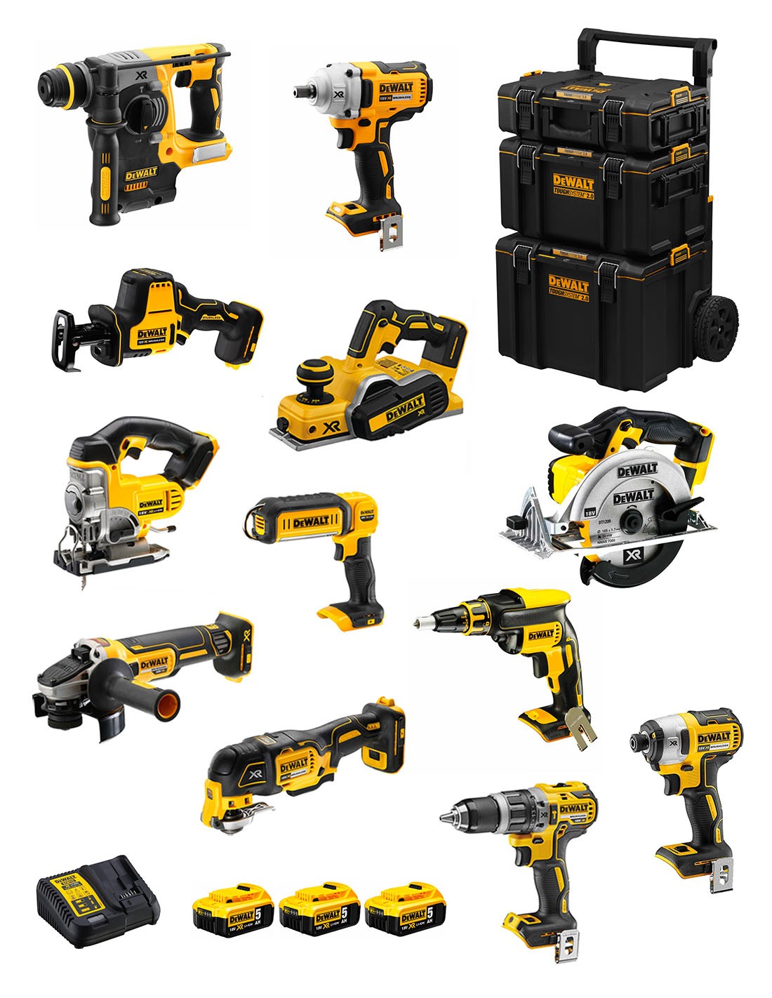 DeWALT Kit DWK1200 (DCD796+DCH273+DCG405+DCF887+DCF894+DCS331+DCS391+DCS355+DCP580+DCS369+DCL050+DCF620+ 3x5,0Ah +DCB115 +Carro)