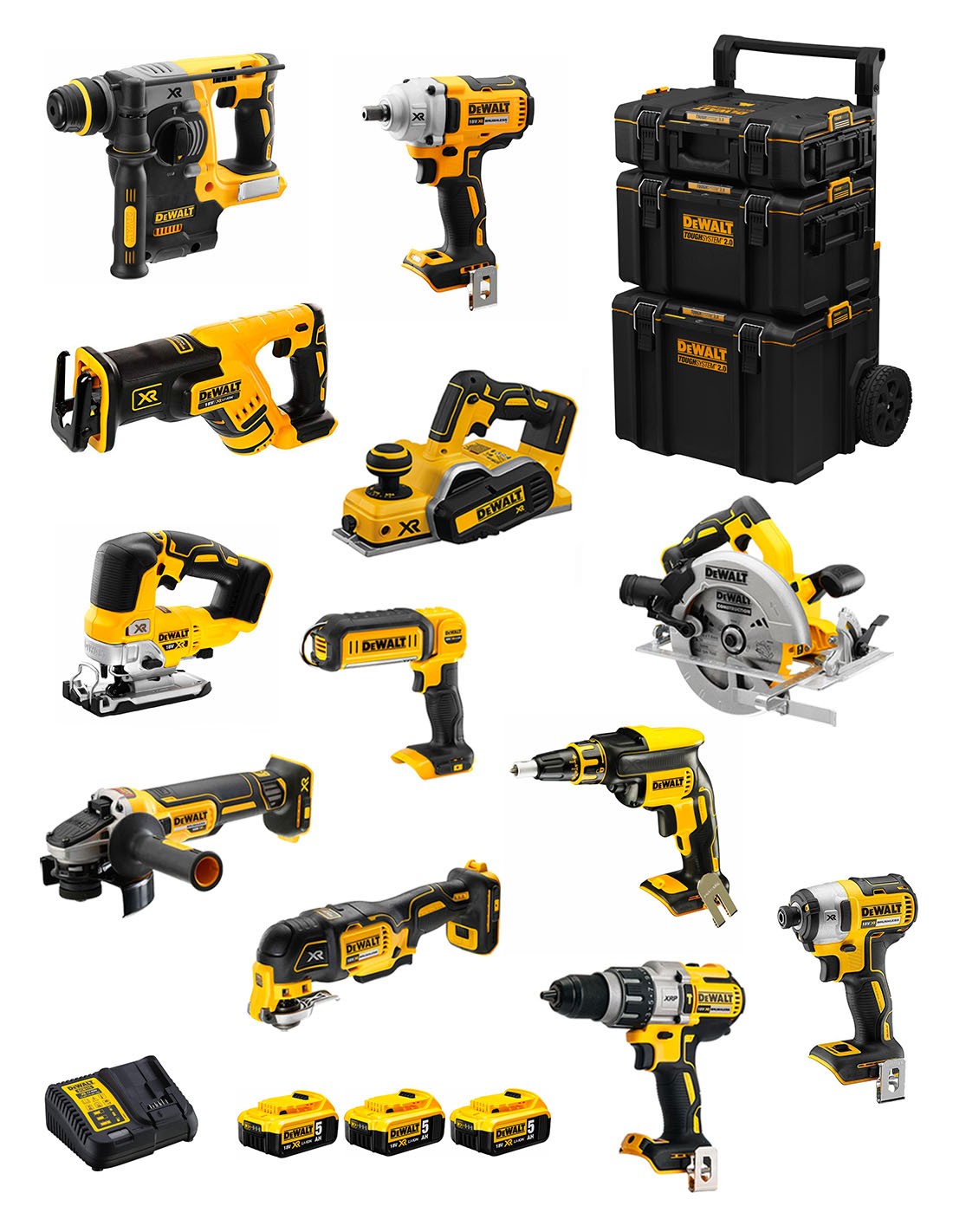 DeWALT Kit DWK1201 (DCD996+DCH273+DCG405+DCF887+DCF894+DCS334+DCS570+DCS355+DCP580+DCS367+DCL050+DCF620+ 3x5,0Ah +DCB115 +Carro)