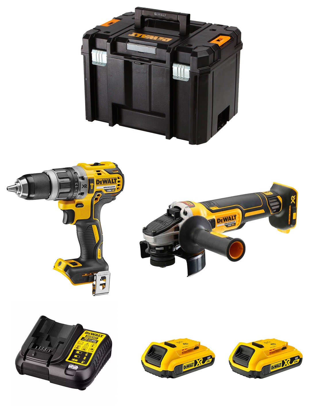 DeWALT Kit DWK208 (DCD796 + DCG405 + 2 x 2,0 Ah + DCB107 + TSTAK VI)