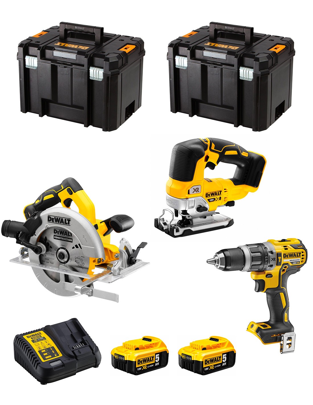 DeWALT Kit DWK301 (DCD796 + DCS334 + DCS570 + 2 x 5,0 Ah + DCB115 + 2 x TSTAK VI)