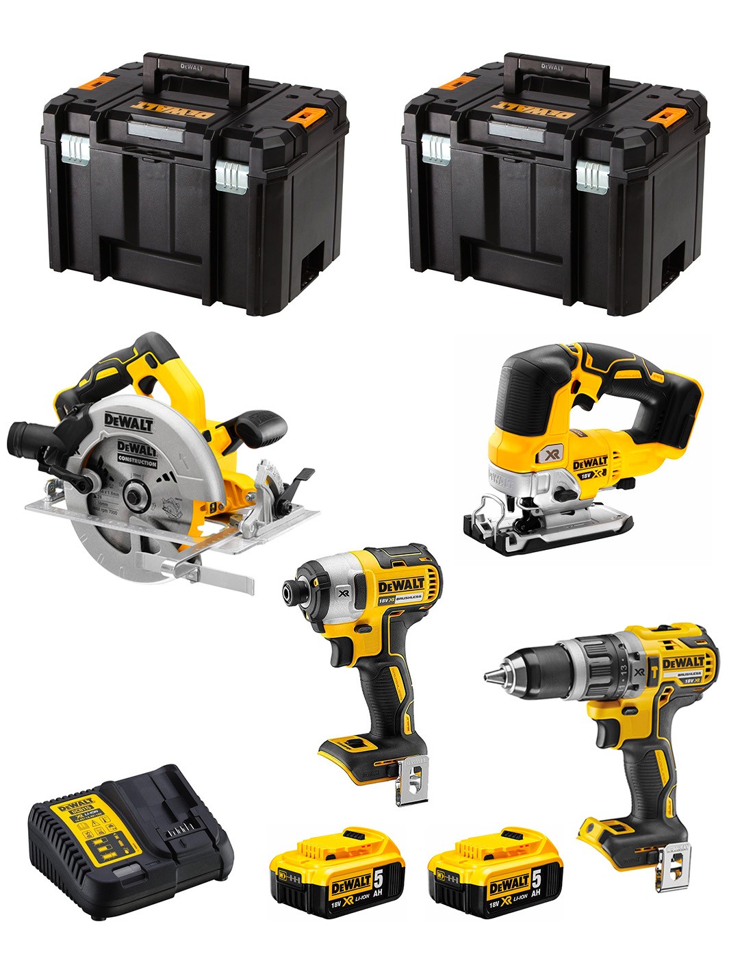 DeWALT Kit DWK403 (DCD796 + DCF887 + DCS334 + DCS570 + 2 x 5,0 Ah + DCB115 + 2 x TSTAK VI)