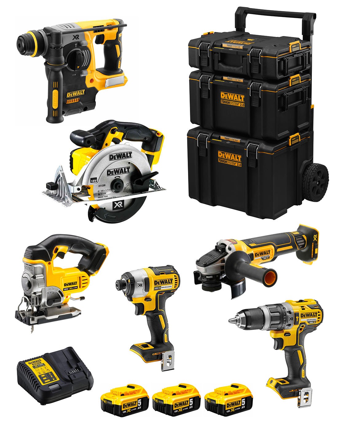 DeWALT Kit DWK600 (DCD796 + DCH273 + DCG405 + DCF887 + DCS331 + DCS391 + 3 x 5,0 Ah + DCB115 + Carro 3en1)