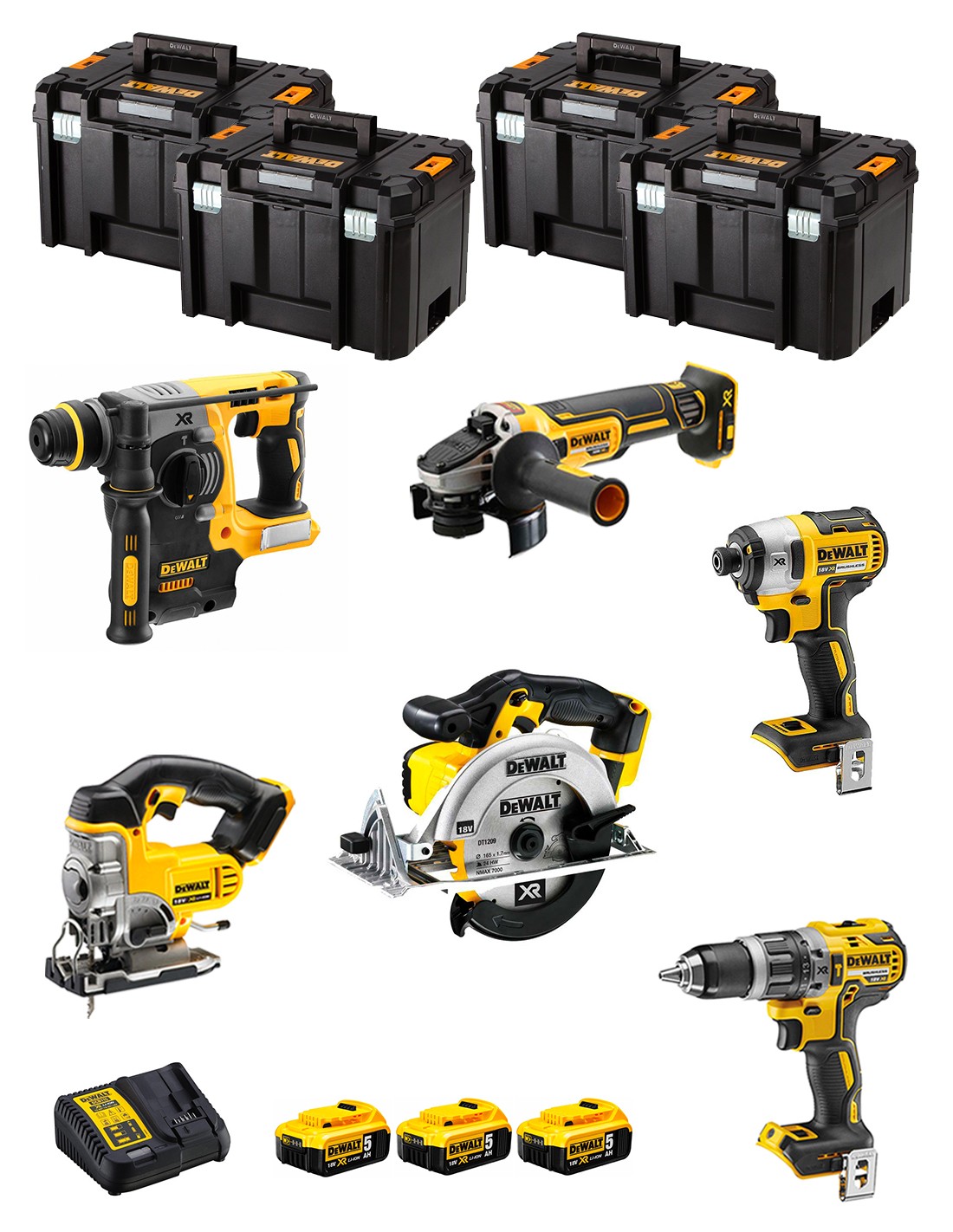 DeWALT Kit DWK600T (DCD796 + DCH273 + DCG405 + DCF887 + DCS331 + DCS391 + 3 x 5,0 Ah + DCB115 + 4 x TSTAK VI)