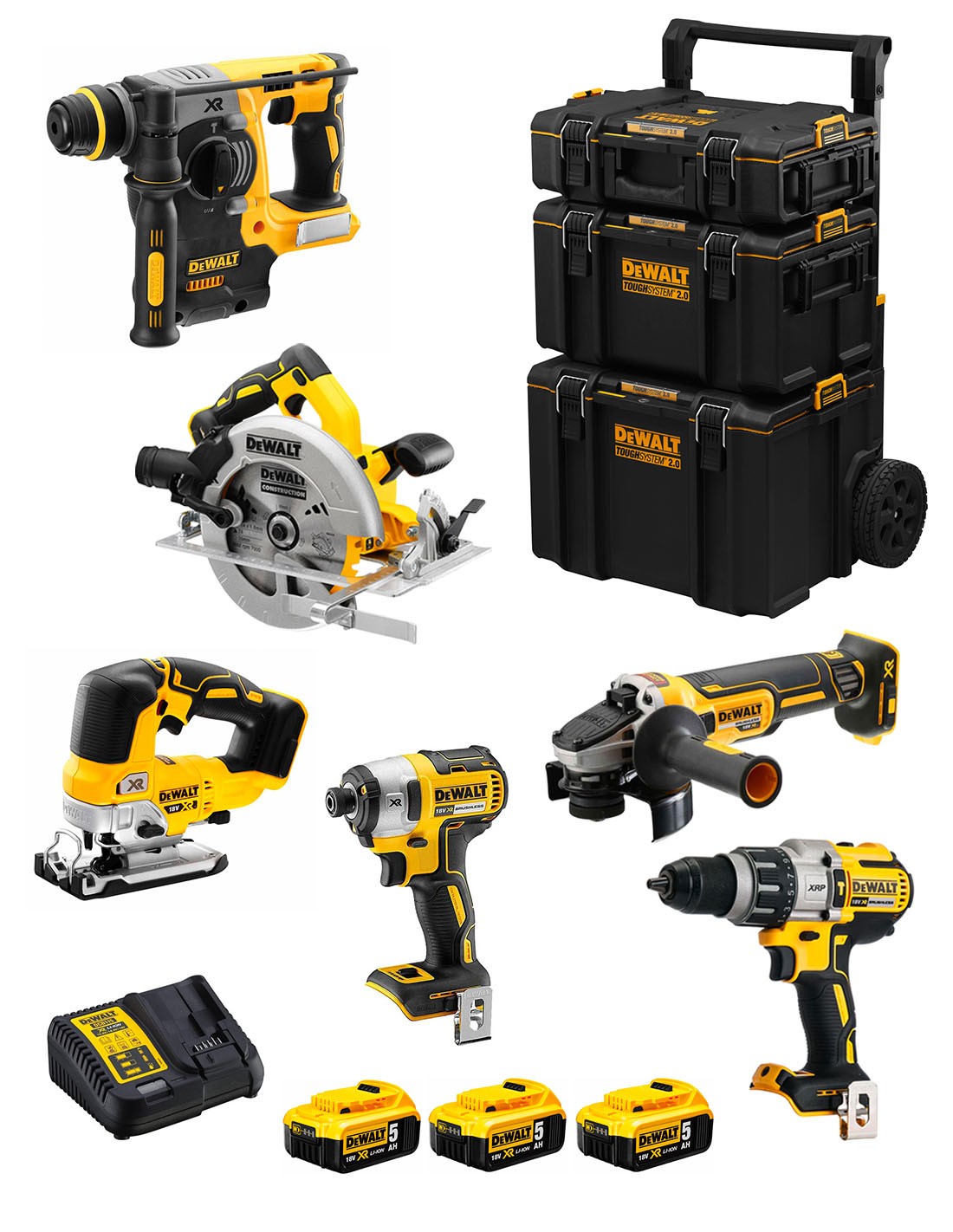 DeWALT Kit DWK601 (DCD996 + DCH273 + DCG405 + DCF887 + DCS334 + DCS570 + 3 x 5,0 Ah + DCB115 + Carro 3en1)