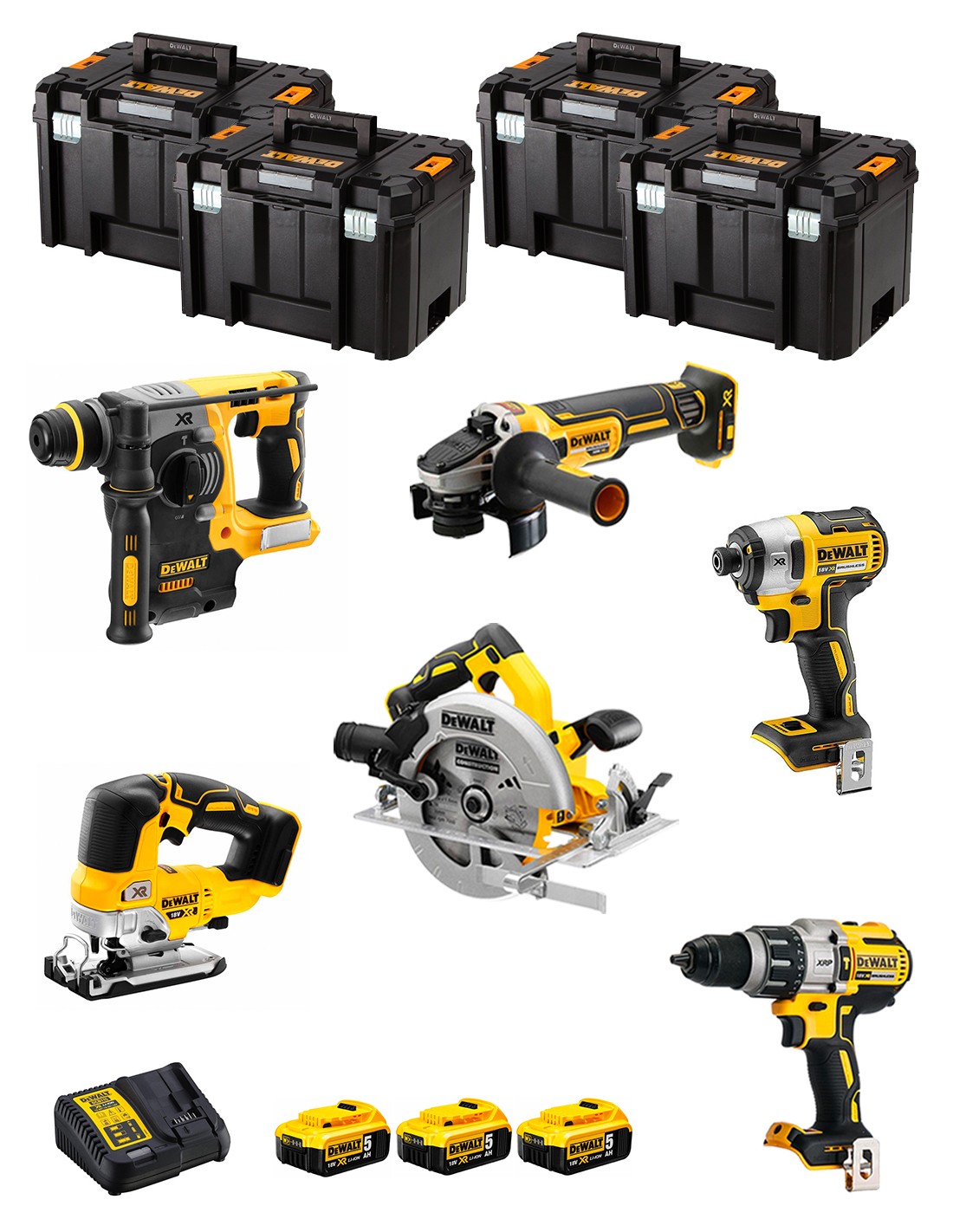DeWALT Kit DWK601T (DCD996 + DCH273 + DCG405 + DCF887 + DCS334 + DCS570 + 3 x 5,0 Ah + DCB115 + 4 x TSTAK VI)