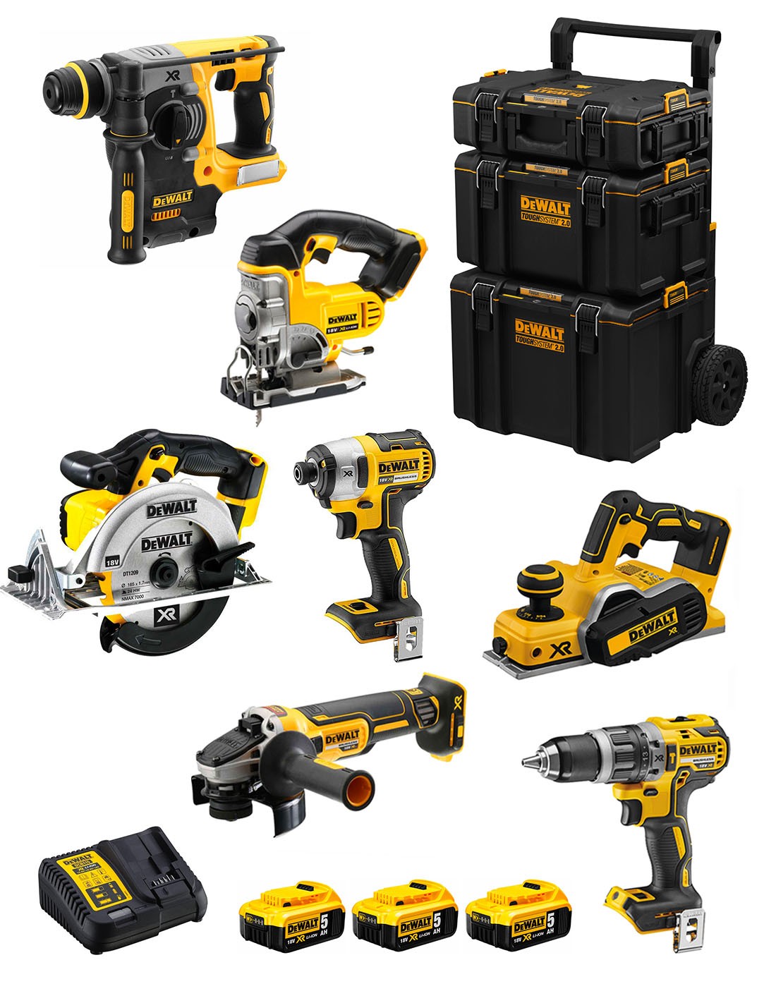 DeWALT Kit DWK700 (DCD796 + DCH273 + DCG405 + DCF887 + DCS331 + DCS391 + DCP580 + 3 x 5,0 Ah + DCB115 + Carro 3en1)