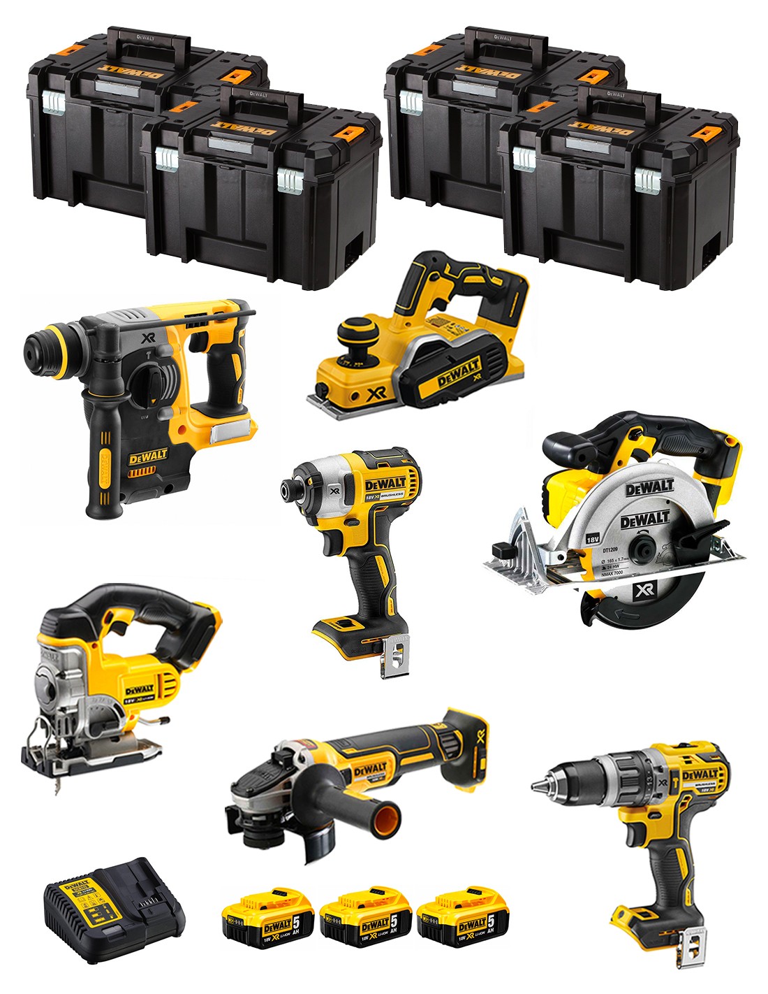 DeWALT Kit DWK700T (DCD796 + DCH273 + DCG405 + DCF887 + DCS331 + DCS391 + DCP580 + 3 x 5,0 Ah + DCB115 + 4 x TSTAK VI)