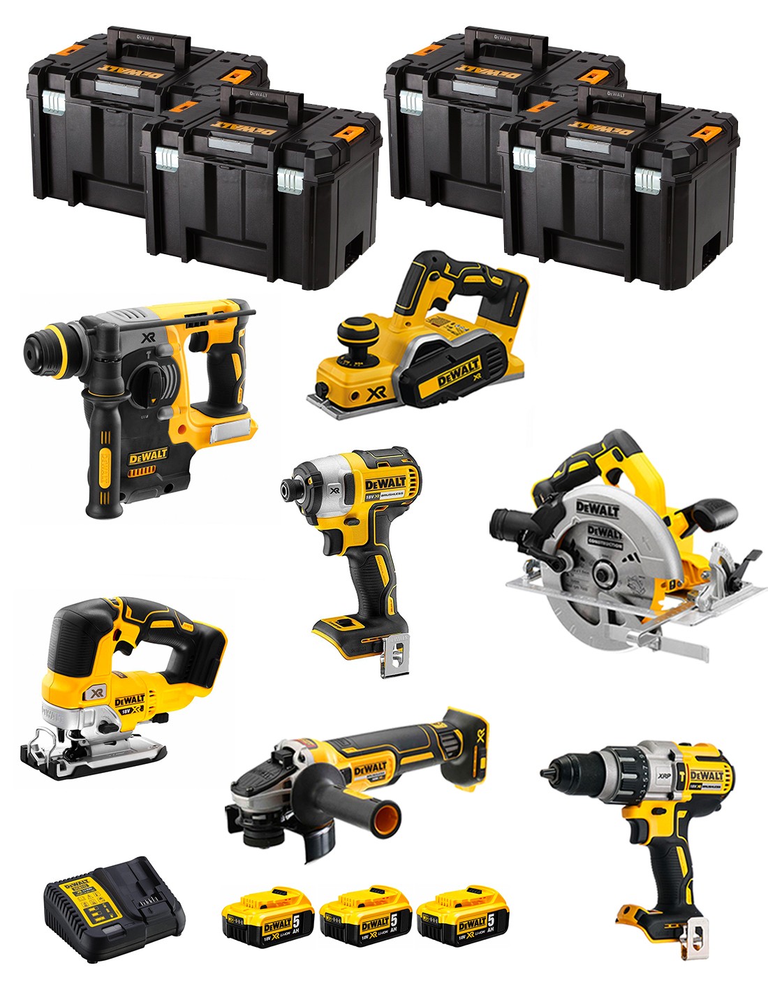 DeWALT Kit DWK701T (DCD996 + DCH273 + DCG405 + DCF887 + DCS334 + DCS570 + DCP580 + 3 x 5,0 Ah + DCB115 + 4 x TSTAK VI)