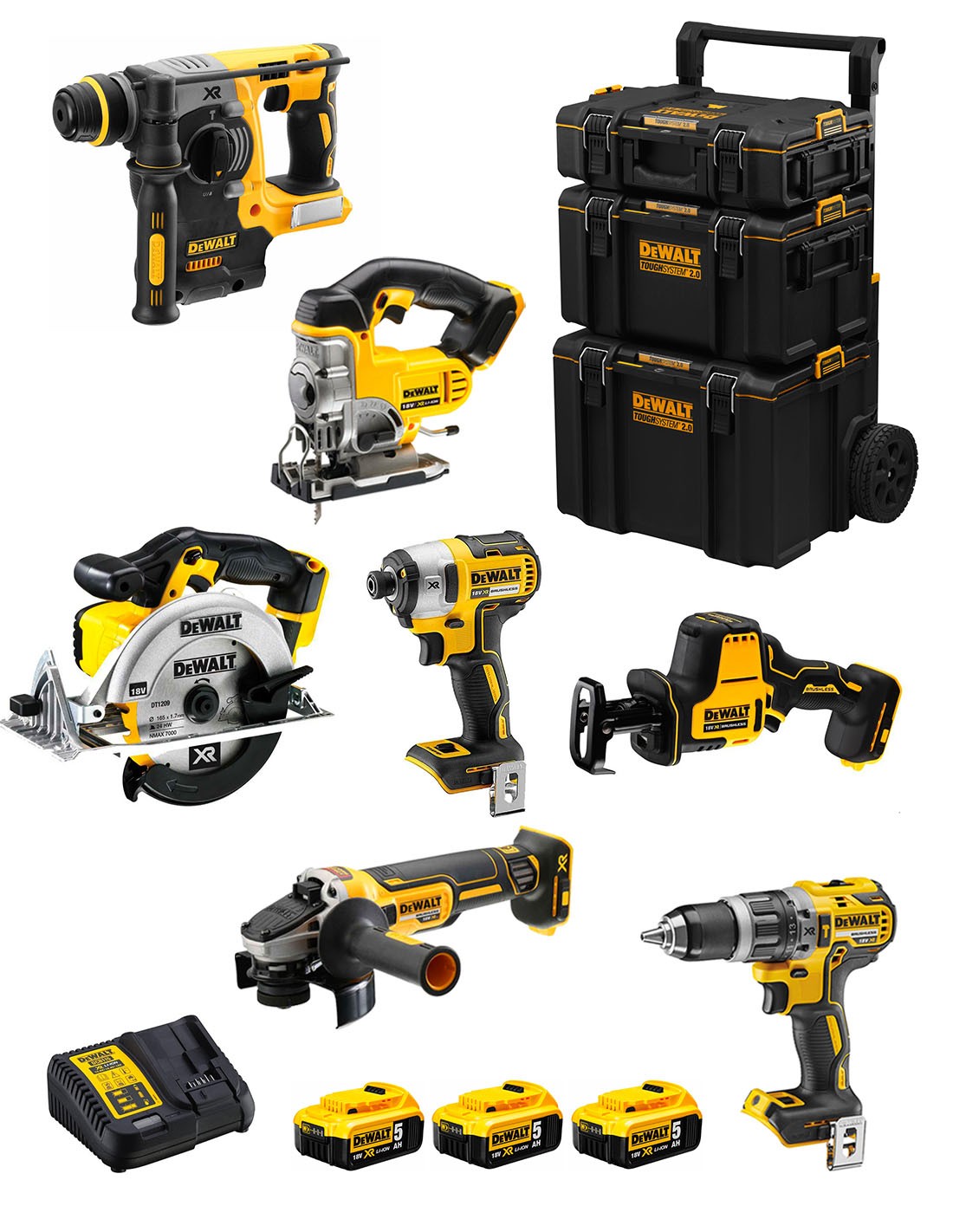 DeWALT Kit DWK702 (DCD796 + DCH273 + DCG405 + DCF887 + DCS331 + DCS391 + DCS369 + 3 x 5,0 Ah + DCB115 + Carro 3en1)
