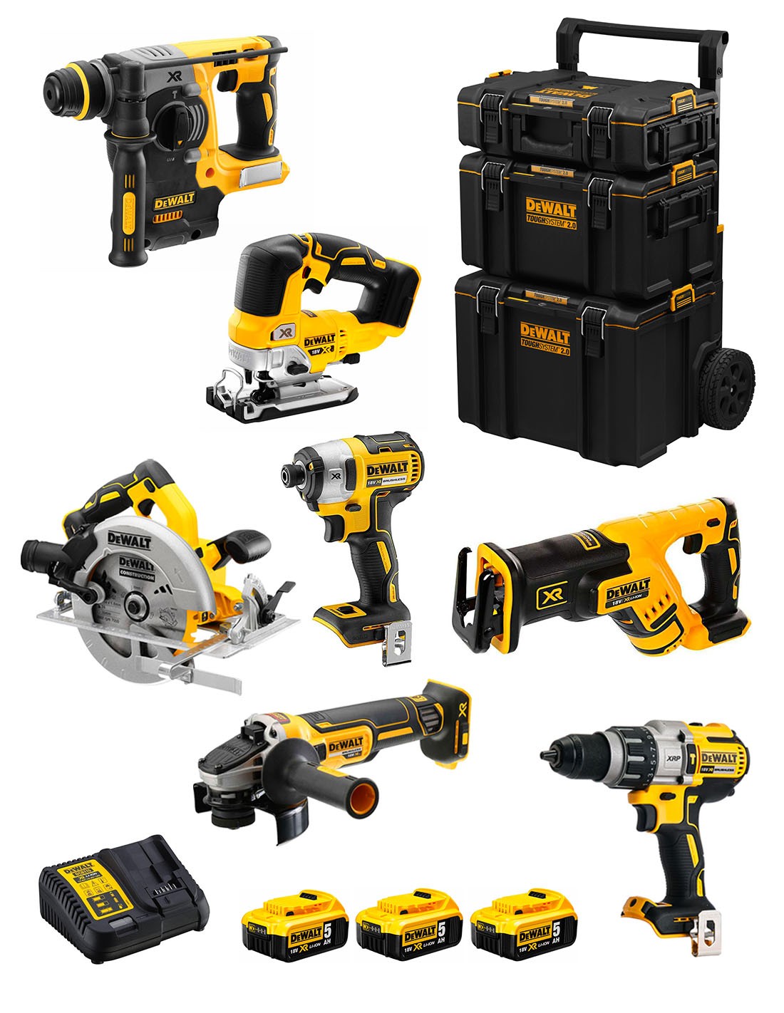DeWALT Kit DWK703 (DCD996 + DCH273 + DCG405 + DCF887 + DCS334 + DCS570 + DCS367 + 3 x 5,0 Ah + DCB115 + Carro 3en1)