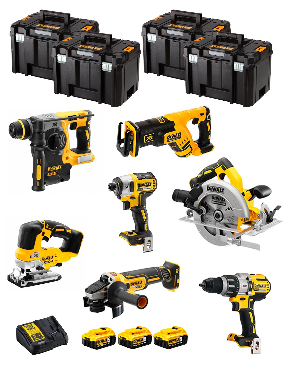 DeWALT Kit DWK703T (DCD996 + DCH273 + DCG405 + DCF887 + DCS334 + DCS570 + DCS367 + 3 x 5,0 Ah + DCB115 + 4 x TSTAK VI)