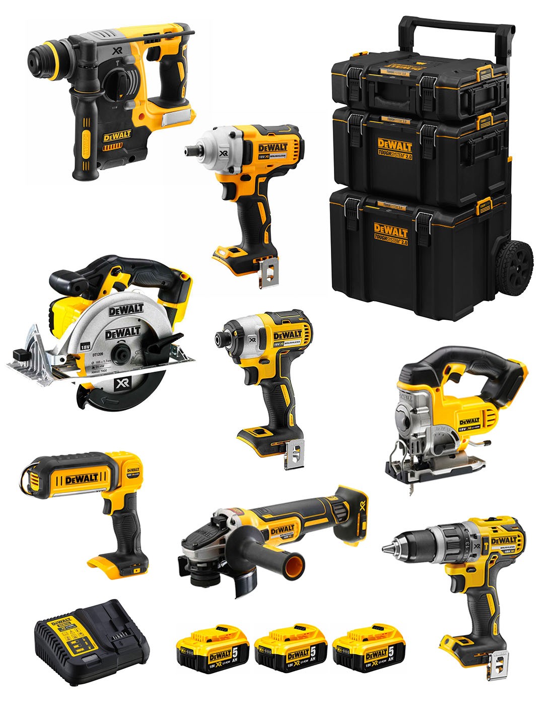 DeWALT Kit DWK800 (DCD796 + DCH273 + DCG405 + DCF887 + DCF894 + DCS331 + DCS391 + DCL050 + 3 x 5,0 Ah + DCB115 + Carro 3en1)