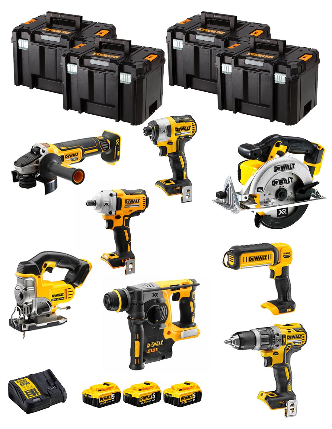 DeWALT Kit DWK800T (DCD796 + DCH273 + DCG405 + DCF887 + DCF894 + DCS331 + DCS391 + DCL050 + 3 x 5,0 Ah + DCB115 + 4 x TSTAK VI)