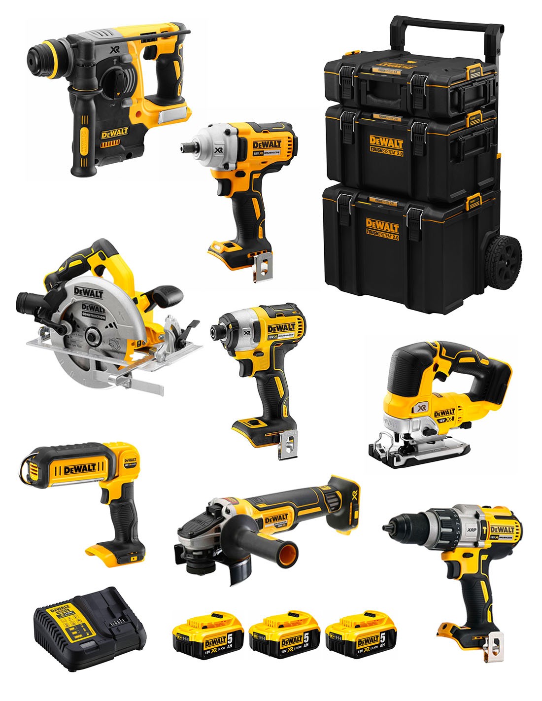 DeWALT Kit DWK801 (DCD996 + DCH273 + DCG405 + DCF887 + DCF894 + DCS334 + DCS570 + DCL050 + 3 x 5,0 Ah + DCB115 + Carro 3en1)