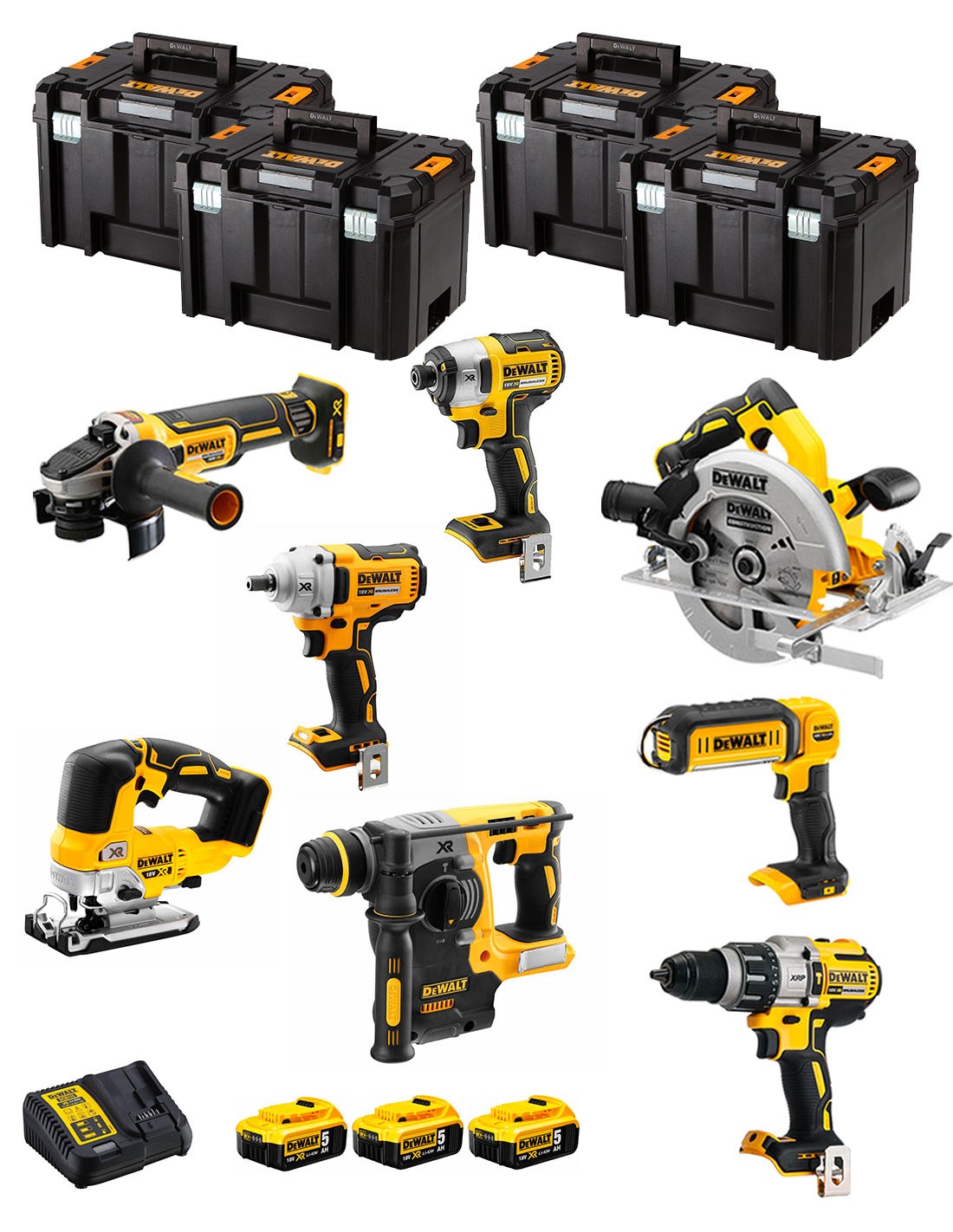 DeWALT Kit DWK801T (DCD996 + DCH273 + DCG405 + DCF887 + DCF894 + DCS334 + DCS570 + DCL050 + 3 x 5,0 Ah + DCB115 + 4 x TSTAK VI)