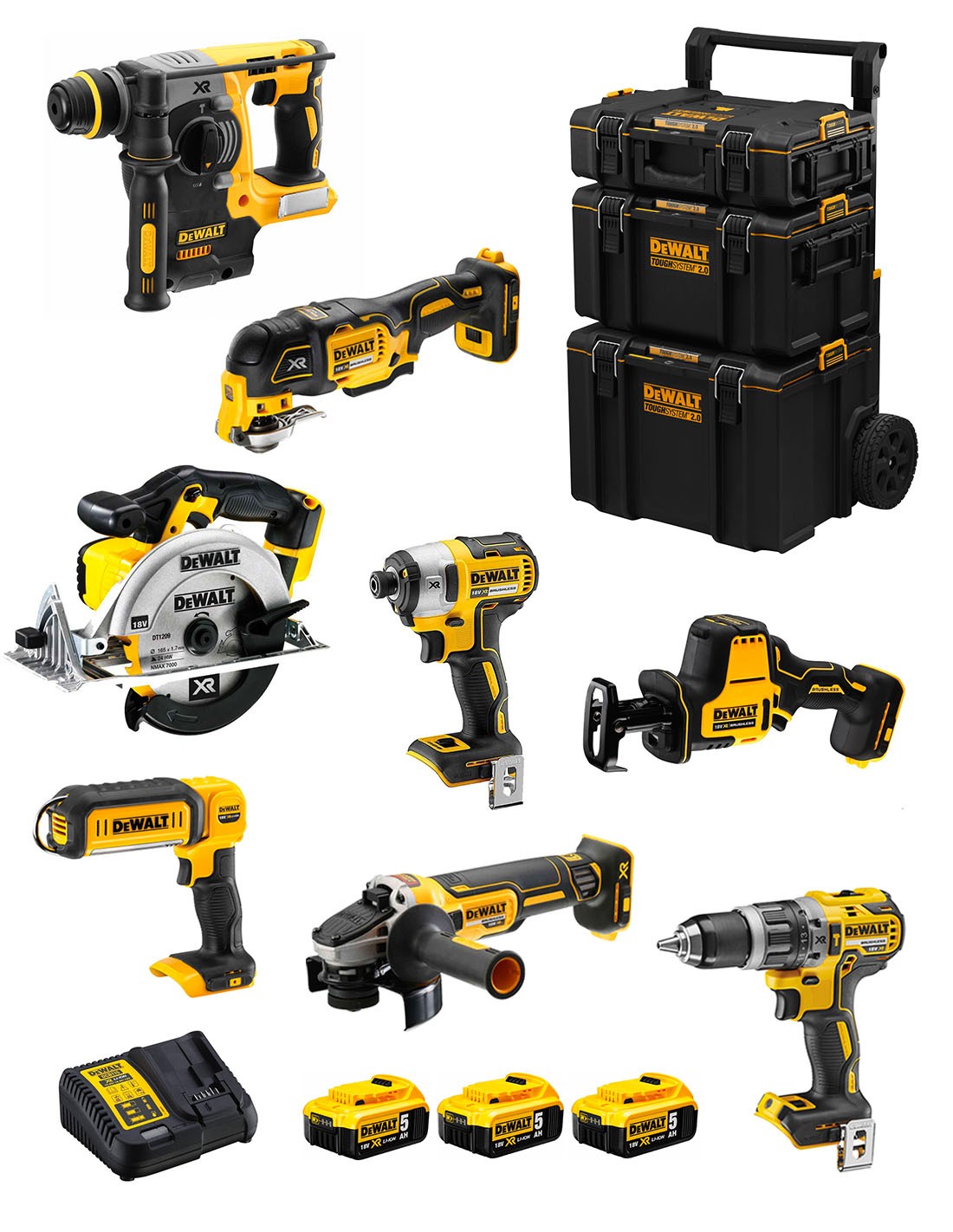 DeWALT Kit DWK802 (DCD796 + DCH273 + DCG405 + DCF887 + DCS355 + DCS369 + DCS391 + DCL050 + 3 x 5,0 Ah + DCB115 + Carro 3en1)