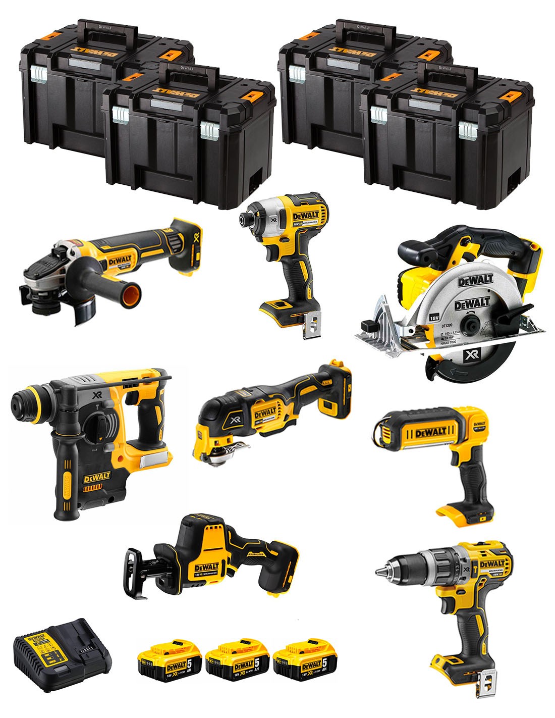 DeWALT Kit DWK802T (DCD796 + DCH273 + DCG405 + DCF887 + DCS355 + DCS369 + DCS391 + DCL050 + 3 x 5,0 Ah + DCB115 + 4 x TSTAK VI)