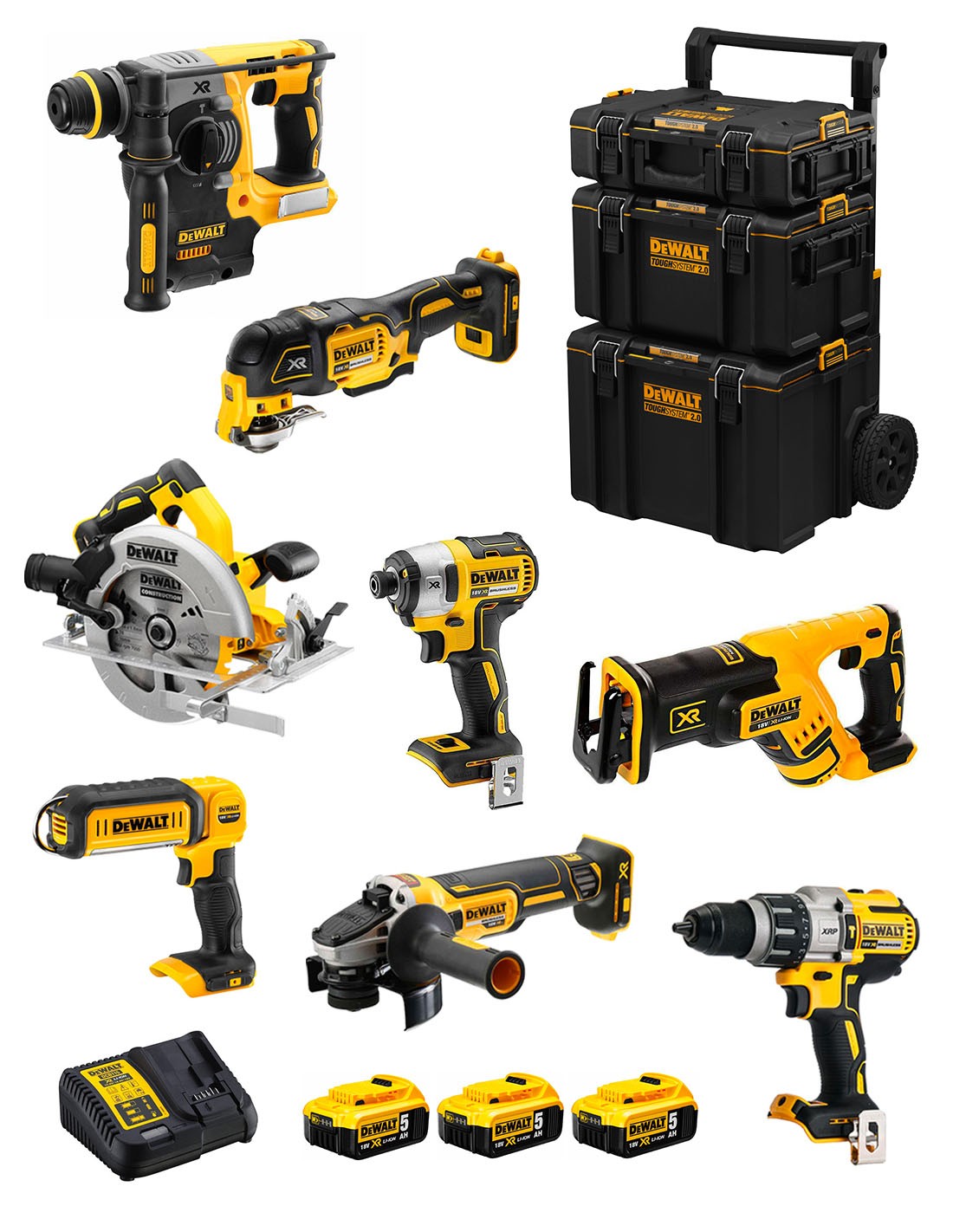 DeWALT Kit DWK803 (DCD996 + DCH273 + DCG405 + DCF887 + DCS355 + DCS367 + DCS570 + DCL050 + 3 x 5,0 Ah + DCB115 + Carro 3en1)