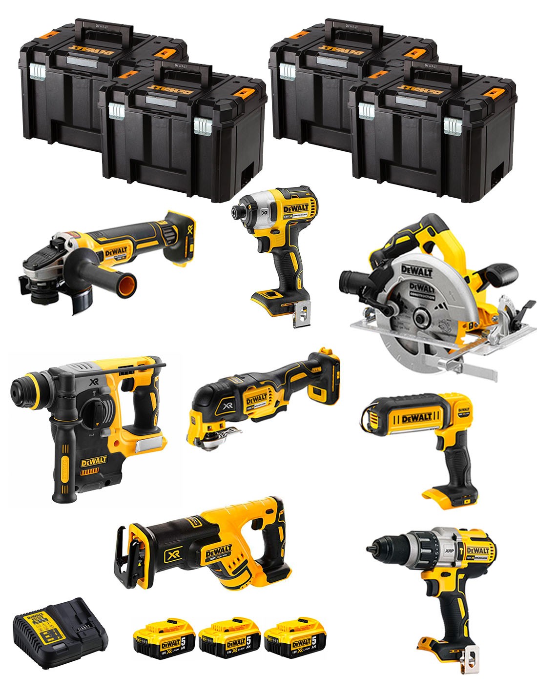 DeWALT Kit DWK803T (DCD996 + DCH273 + DCG405 + DCF887 + DCS355 + DCS367 + DCS570 + DCL050 + 3 x 5,0 Ah + DCB115 + 4 x TSTAK VI)