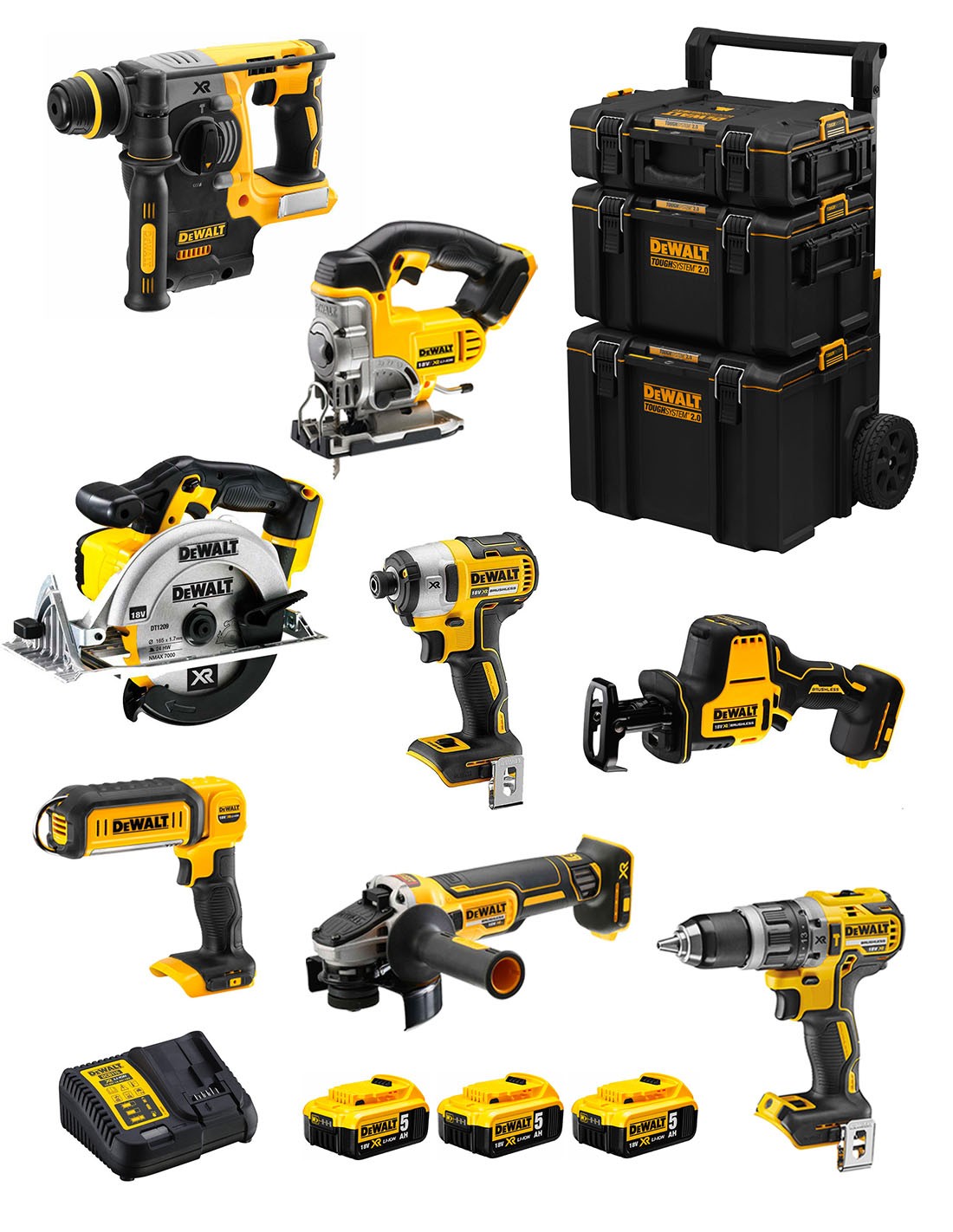 DeWALT Kit DWK804 (DCD796 + DCH273 + DCG405 + DCF887 + DCS331 + DCS369 + DCS391 + DCL050 + 3 x 5,0 Ah + DCB115 + Carro 3en1)