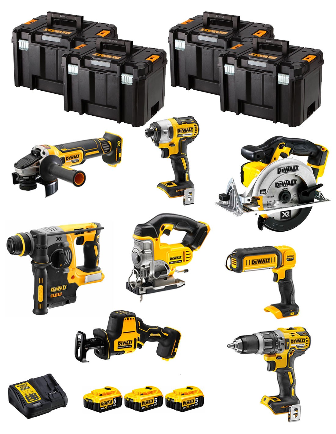 DeWALT Kit DWK804T (DCD796 + DCH273 + DCG405 + DCF887 + DCS331 + DCS369 + DCS391 + DCL050 + 3 x 5,0 Ah + DCB115 + 4 x TSTAK VI)