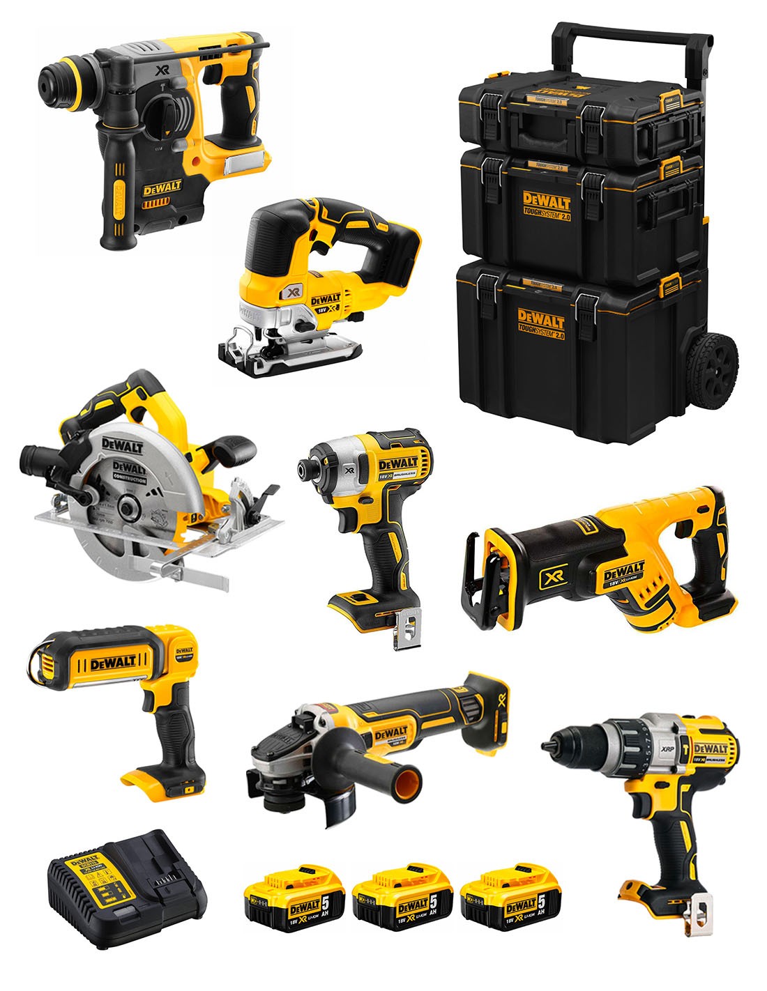 DeWALT Kit DWK805 (DCD996 + DCH273 + DCG405 + DCF887 + DCS334 + DCS367 + DCS570 + DCL050 + 3 x 5,0 Ah + DCB115 + Carro 3en1)