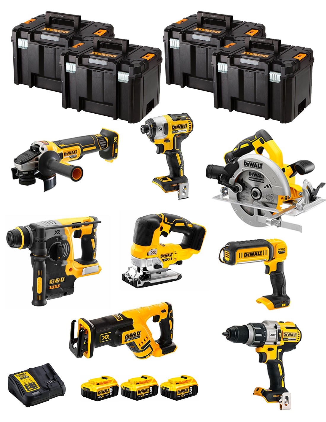 DeWALT Kit DWK805T (DCD996 + DCH273 + DCG405 + DCF887 + DCS334 + DCS367 + DCS570 + DCL050 + 3 x 5,0 Ah + DCB115 + 4 x TSTAK VI)