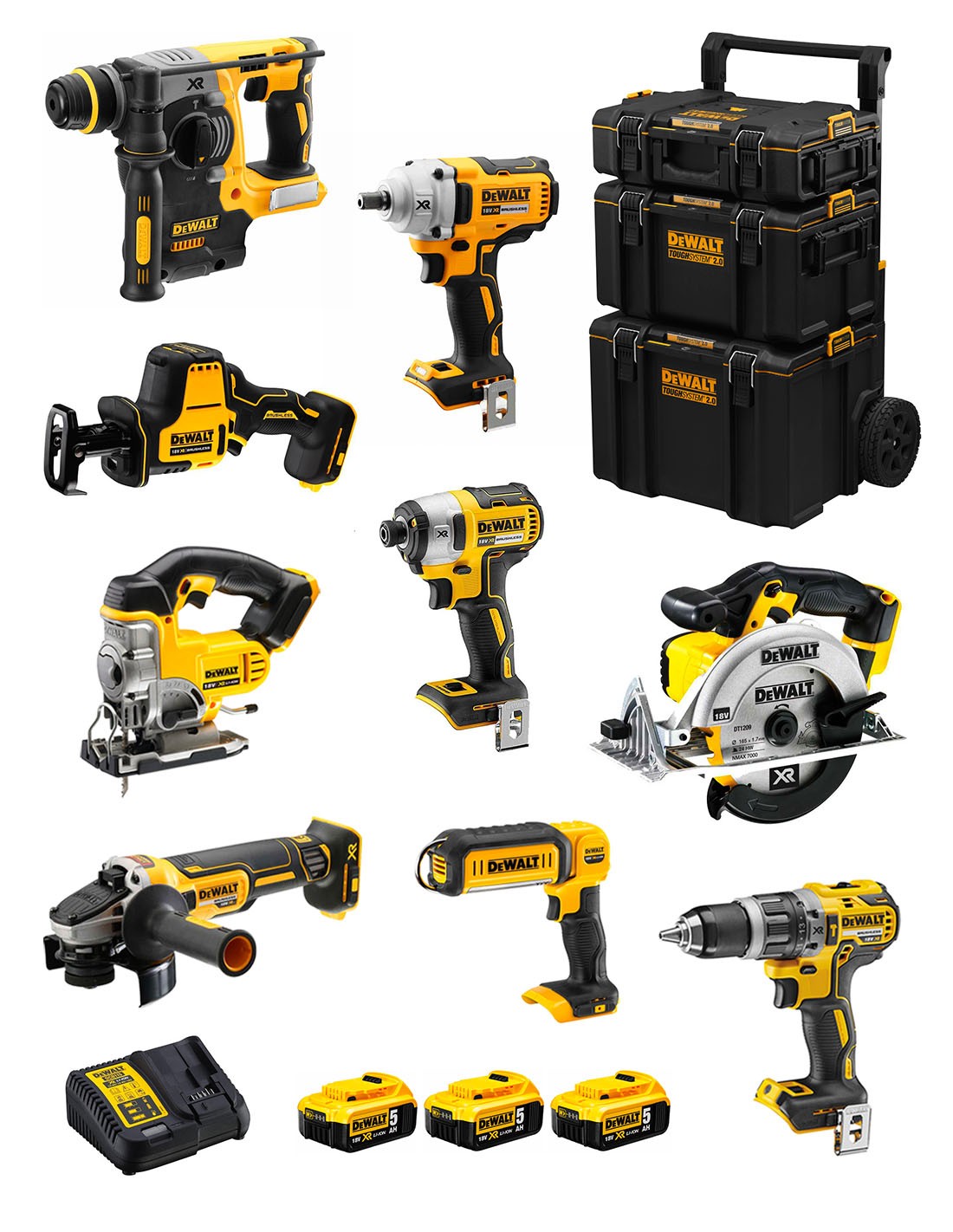 DeWALT Kit DWK900 (DCD796 + DCH273 + DCG405 + DCF887 + DCF894 + DCS331 + DCS391 + DCS369 + DCL050+ 3x5,0Ah +DCB115 + Carro 3en1)