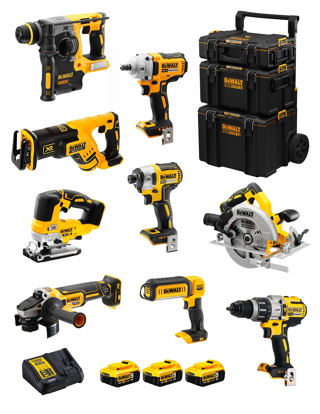 DeWALT Kit DWK901 (DCD996 + DCH273 + DCG405 + DCF887 + DCF894 + DCS334 + DCS570 + DCS367 + DCL050+ 3x5,0Ah +DCB115 + Carro 3en1)