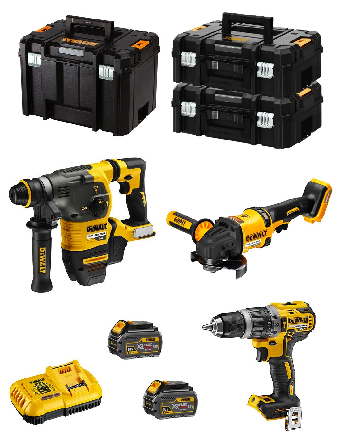 DeWALT Kit FVK381T2-QW 54V/18V (DCH333 + DCD796 + DCG418 + 2 x 6,0 Ah + DCB118 + 2 x TSTAK II + TSTAK VI)