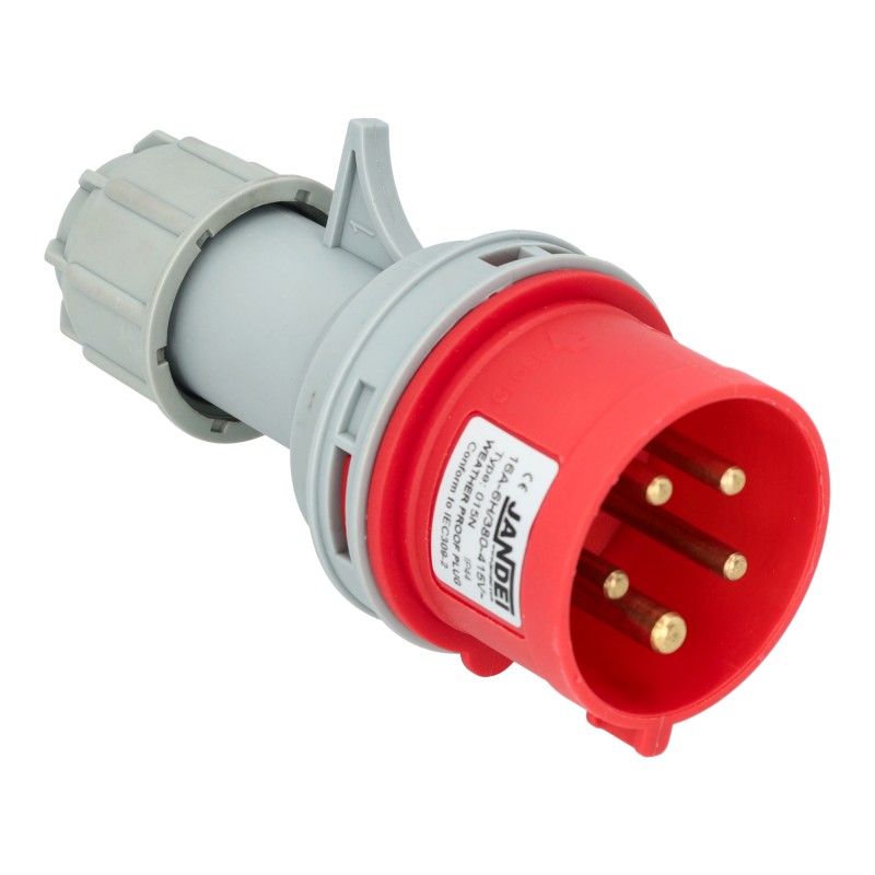 Conector de potencia industrial 16A 4P+E 6H Macho Aéreo Recto 240-415Vac IP44
