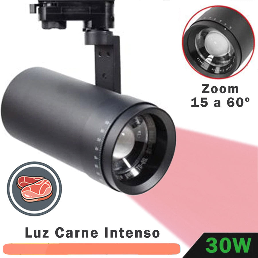 Foco Carril LED Trifásico Negro 30W Zoom Luz Carne Intenso