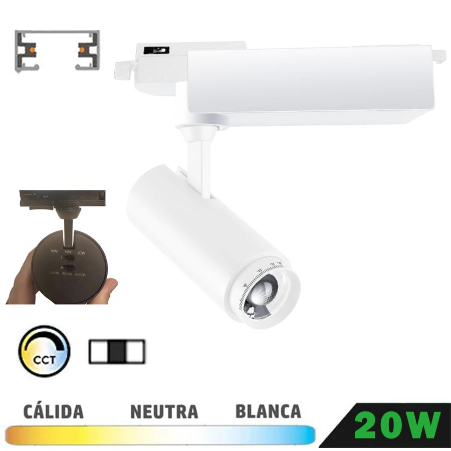 Foco Carril LED Monofásico Blanco 20W Zoom / CCT