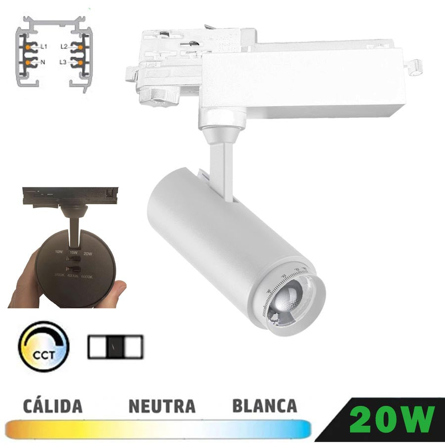 Foco Carril LED Trifásico Blanco 20W Zoom / CCT