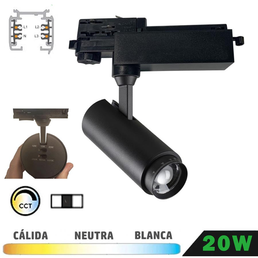 Foco Carril LED Trifásico Negro 20W Zoom / CCT (Copia)