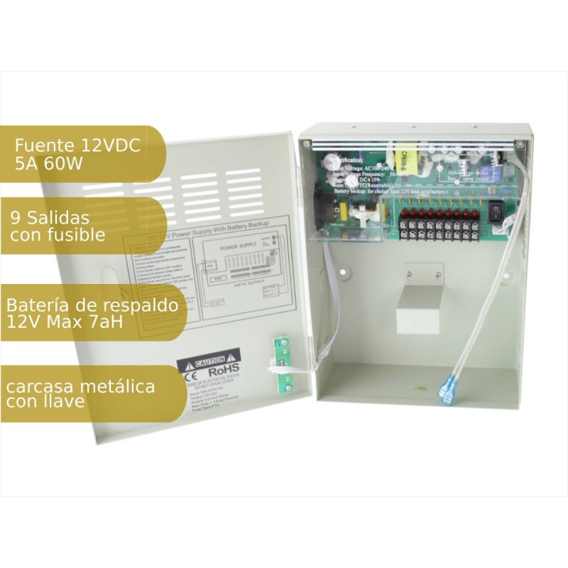 Fuente de alimentación 220V-12Vdc 5A carga batería 9 salidas armario